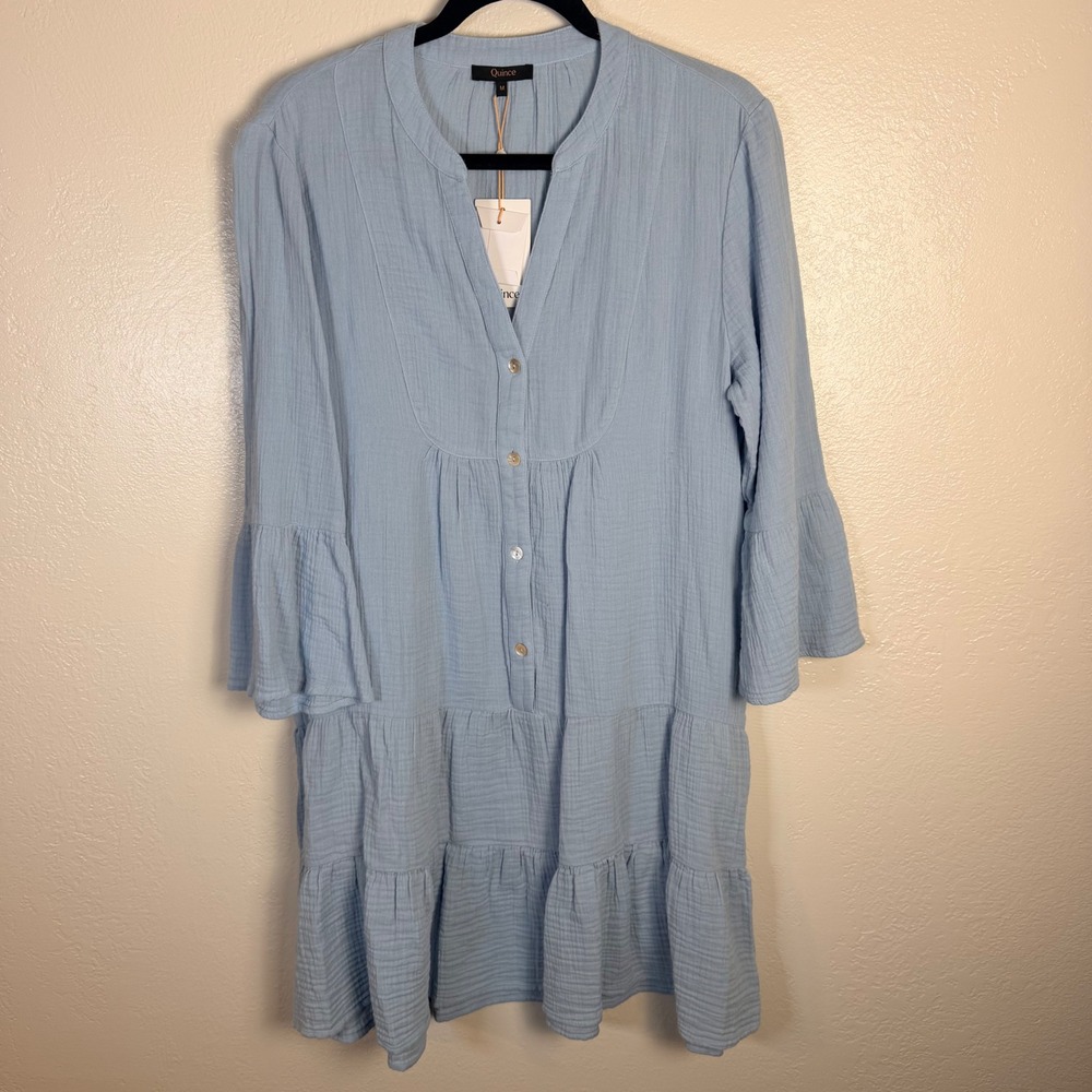 New Quince Womens M Organic Cotton Gauze Tiered Mini Dress Ocean Breeze Blue
